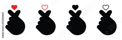 Finger Heart Gesture Icon Set – Korean Mini Heart Hand Symbol with Love Sign Vector Illustration