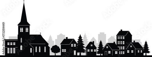 Black and white silhouette of village with church steeple, residential homes, trees, and distant city skyline, rural urban contrast illustration, architecture