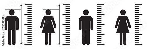 Human Height Growth Measurement Icon Set – Person Silhouette with Ruler Scale and Fitness Body
 Size Vector Illustration