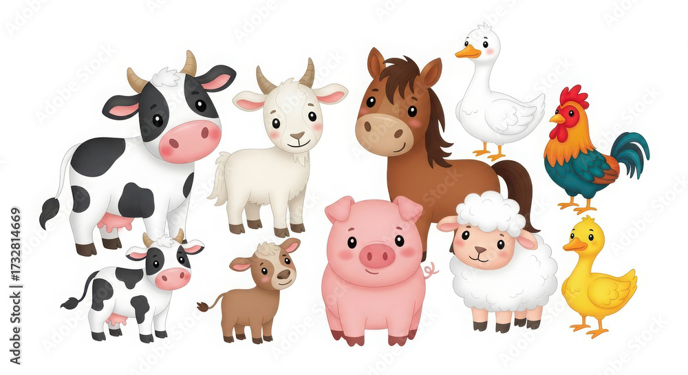 Fototapeta premium Adorable cartoon farm animals including cow pig sheep horse chicken duck goat in fun art style