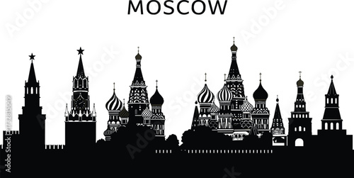 Moscow skyline vector silhouette with Kremlin towers, Saint Basil’s Cathedral domes, historic architecture, Russian landmarks, cultural cityscape and travel tourism illustration design