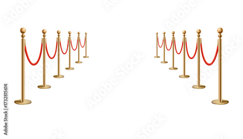 Barriers with red rope line. VIP zone, closed event restriction. Realistic image of golden poles with velvet rope. Isolated on white background