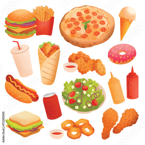Set of fast food illustrations with burger, pizza, fries, hot dog, sandwich, fried chicken, salad, soda, donut and ice cream. Colorful tasty meal collection for menu, cafe, restaurant, poster design
