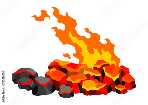 Burning coal. Realistic bright flame fire on coals heap. Closeup vector illustration for grill blaze fireplace, hot carbon or glowing charcoal image