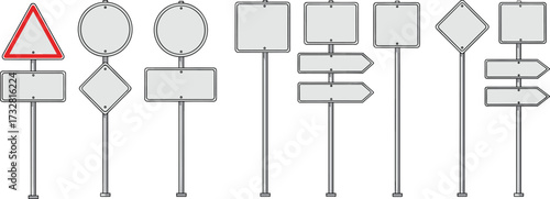 Set of blank road sign vector illustrations with different shapes including triangle, circle, square, rectangle, diamond, direction arrows, isolated on white background