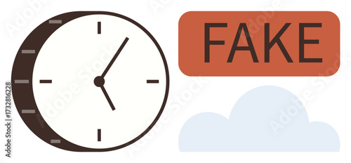 Analog clock, Fake label, and cloud shape. Ideal for time, fraud, misinformation, skepticism, urgency analysis digital concepts. Simple flat metaphor
