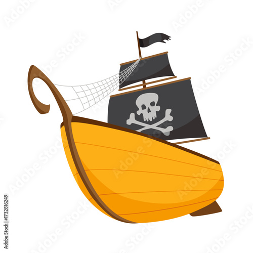 Stylized cartoon pirate ship illustration with black sails. Cute vector icon. Pirate Ship sailing on water