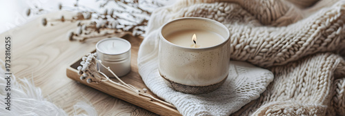 Top view composition, rustic ceramic coffee mug with pinecones, paper decorations, linen fabric, neutral earthy tones, soft natural light.