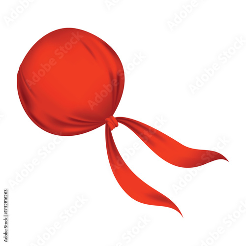 Red realistic bandana on head. Youth fashion head or cowboy garment element template. Biker face scarf, bandanna neck shawl. Blank handkerchief unisex uniform. Western clothes