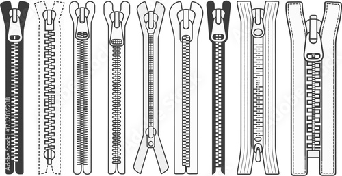 Set of zipper vector illustrations with different styles including open, closed, metal teeth, plastic, sewing accessories, garment fastening, fashion design elements collection