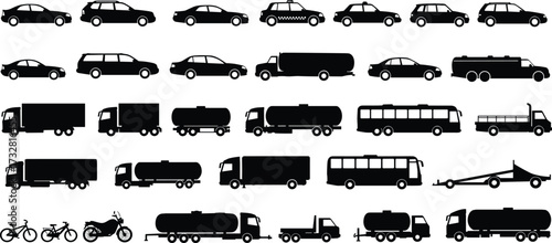 Silhouette collection of vehicles including cars, taxis, buses, trucks, tankers, motorcycles, bicycles, trailers, and transport icons for traffic, logistics, automotive industry vector illustration