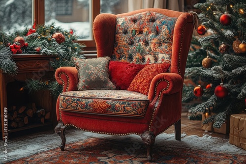 Chair with Christmas tree in background.