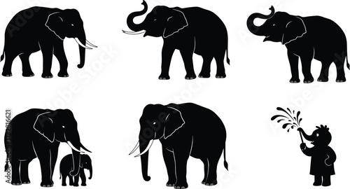 Silhouette set of elephants standing, walking, trumpeting, baby elephant with mother, and child with playful elephant, ideal for wildlife, safari, zoo, and nature designs