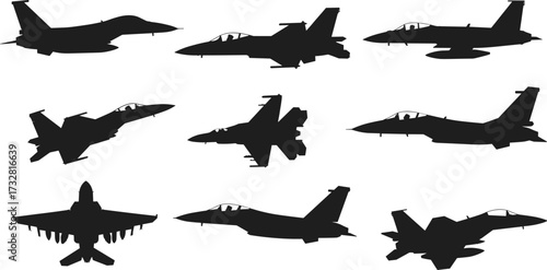 Silhouette set of military fighter jets in various angles, perfect for aviation, air force, aircraft design, warplane illustration, and transportation vector graphics