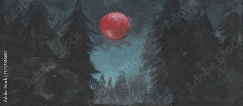 A night forest and a red moon, hand-painted with gouache. A mysterious natural background. A Halloween banner.