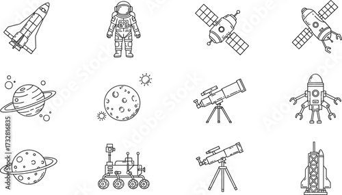 Minimal Space Exploration Icon Set Featuring Astronaut Satellite Telescope Rover And Planet Symbols For Science And Astronomy Projects