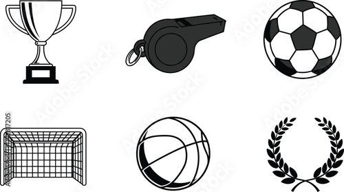 Sports and fitness icon collection with trophy, whistle, soccer ball, goal net, basketball, and laurel wreath for athletic competition design.