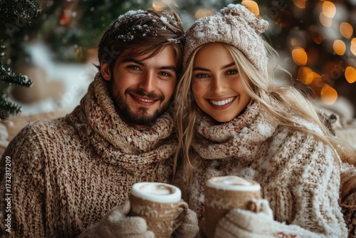 Couple sipping hot drinks in winter attire.