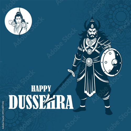 Fierce warrior figure wearing armor, with horns, a sword, and a shield on a deep blue background. A powerful illustration for the Happy Dussehra festival.