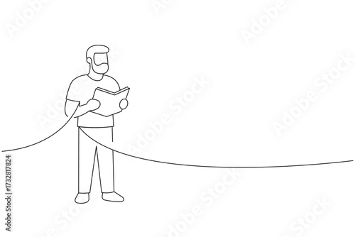 Bearded man reading a book connected to line flow. Minimal outline vector for educational visuals