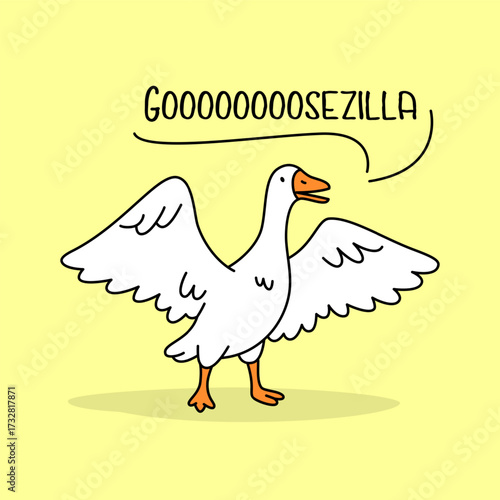 Funny goose illustration shouting GOOOOOOOOSEZILLA with wings spread wide. Cartoon vector character on yellow background