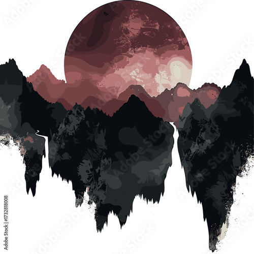 A surreal illustration of jagged dark mountains with dripping textures, set against a massive glowing red moon that fills the night sky with an ominous atmosphere