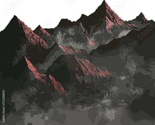 A dramatic digital illustration of jagged dark mountains with glowing red highlights, shrouded in mist and shadow under a mysterious night sky.