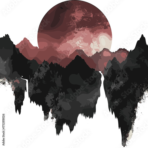 A surreal illustration of jagged dark mountains with dripping textures, set against a massive glowing red moon that fills the night sky with an ominous atmosphere