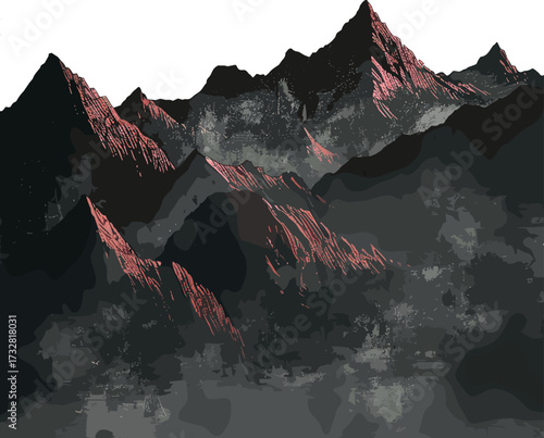 A dramatic digital illustration of jagged dark mountains with glowing red highlights, shrouded in mist and shadow under a mysterious night sky.