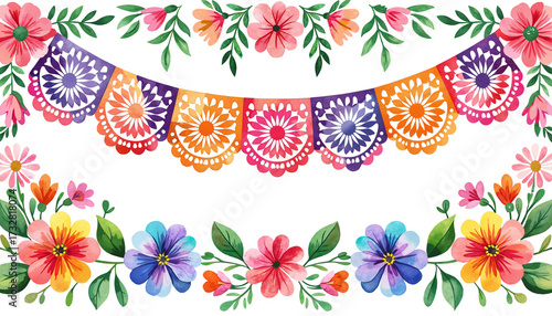 Colorful papel picado banner with floral decoration on white background  