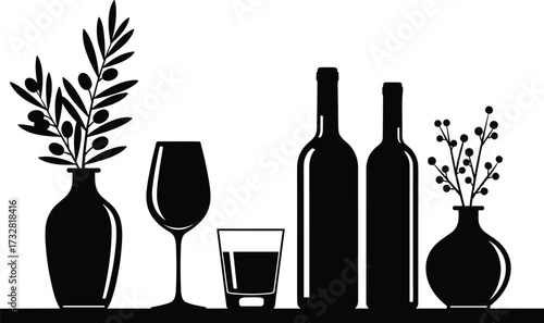 Wine bottles and glasses silhouette vector illustration, modern bar shelf decoration, minimalist home decor, black and white drink design