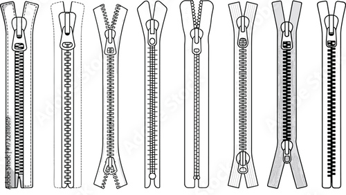 Zipper vector illustration set with different styles, open and closed zippers, metal and plastic teeth, fashion sewing accessory elements isolated on white background design