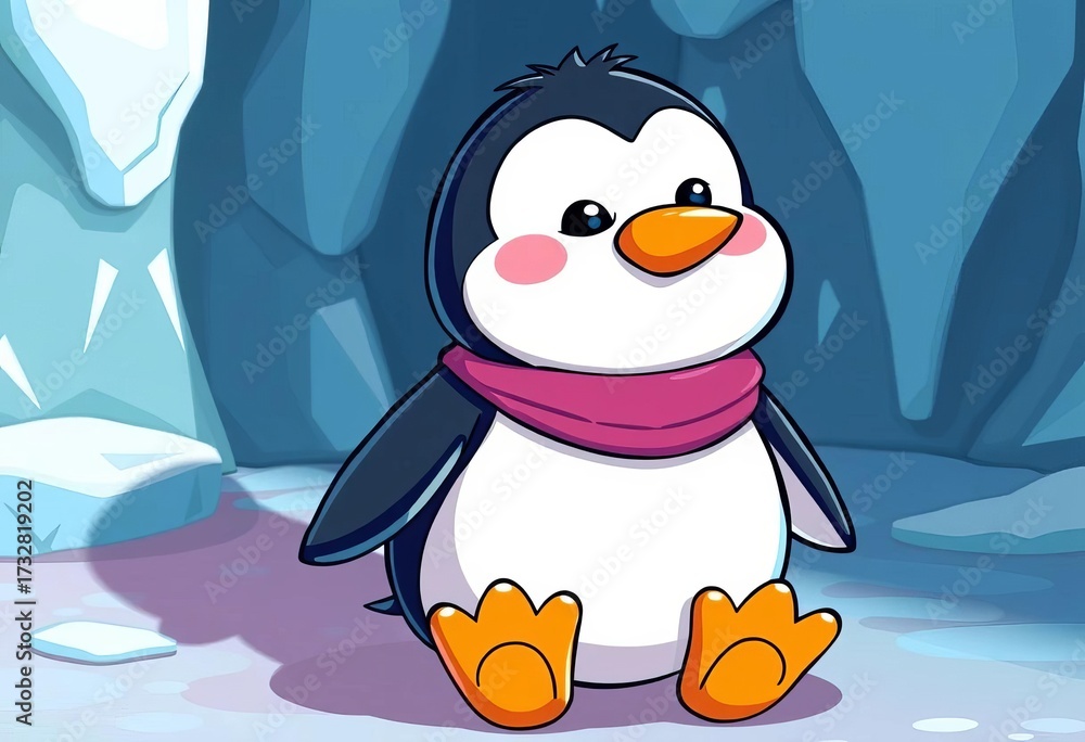 Naklejka premium Whimsical cartoon penguin, glacier shadow, vibrant colors, mountains, penguin