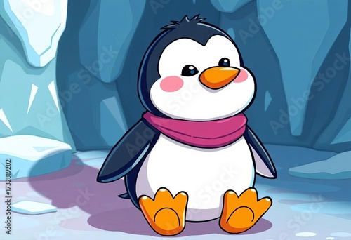Whimsical cartoon penguin, glacier shadow, vibrant colors,  mountains, penguin