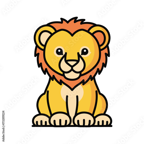 Cute cartoon lion cub with orange mane sitting calmly isolated on white background