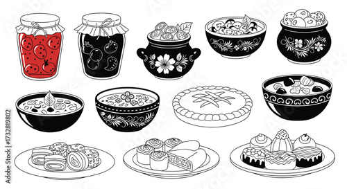 A collection of traditional homemade foods including jams preserves stews and hearty meals.