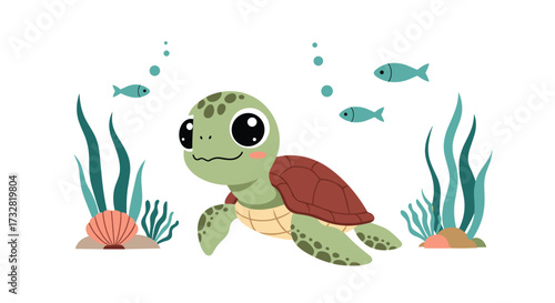 A cute little turtle swims happily in the ocean.