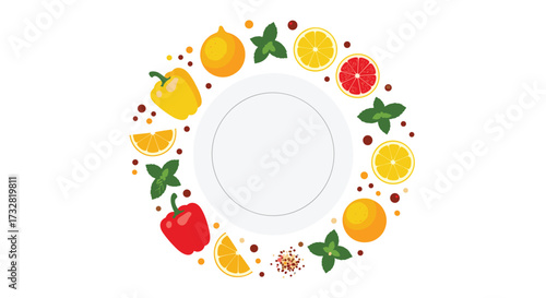 A colorful arrangement of fresh fruits vegetables and herbs surrounds a central white plate.