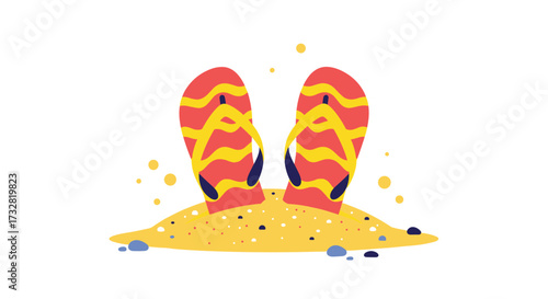 Summer vacation flip flops buried in the sand at the beach.