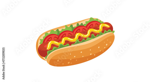 A delicious hot dog with mustard and tomatoes topped with lettuce.