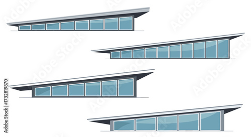 Modern building designs with sloping roofs and large windows.