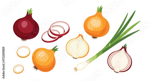 A collection of fresh onions with green stalks and sliced rings.