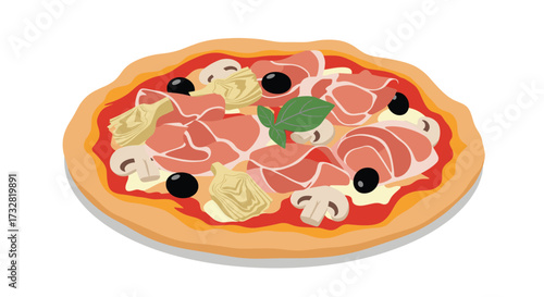 A delicious pizza topped with prosciutto olives mushrooms and artichoke hearts.