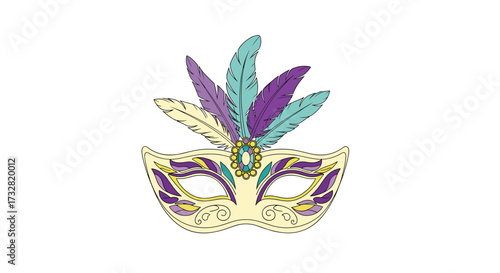 A decorative masquerade mask adorned with colorful feathers.