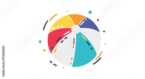 Colorful beach ball with festive confetti and circles.
