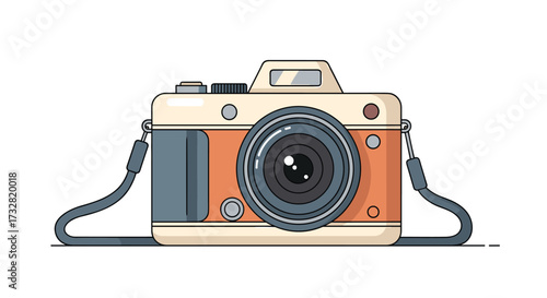 An illustration of a vintage camera with a strap is displayed on a white background.