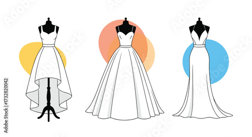 Three elegant wedding dresses on display with colorful abstract circles.