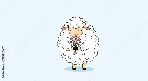 A fluffy sheep is holding a bouquet of pink flowers.