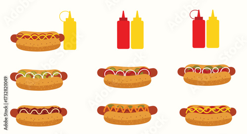 A collection of hot dogs with various toppings and condiments in a simple flat design.