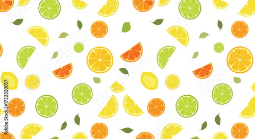 A vibrant citrus fruit pattern featuring slices of lemons limes and oranges.
